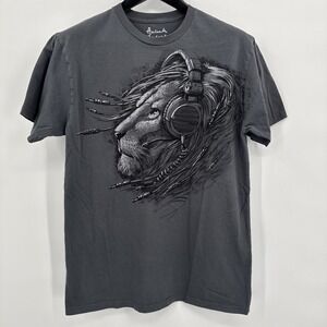Liquid Blue Lion with Headphones Plugged In DJ Graphic T-Shirt Gray Men's Size L